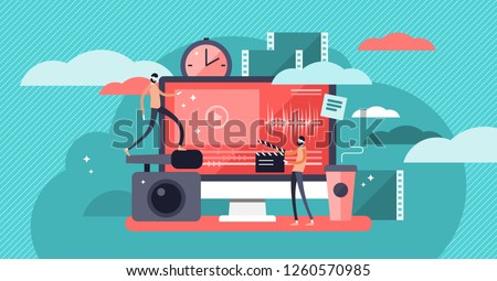 Video editor vector illustration. Flat mini persons concept with camera work and footage editing. Multimedia content production for online video blog channel. Meeting hot news publishing deadlines.