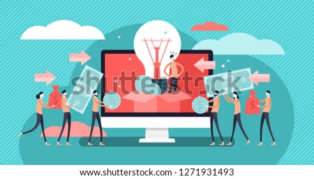 Crowdfunding vector illustration. Startup investment with flat tiny persons concept. Online service project to donate, support or collective raise money for new ideas. Entrepreneur business strategy.