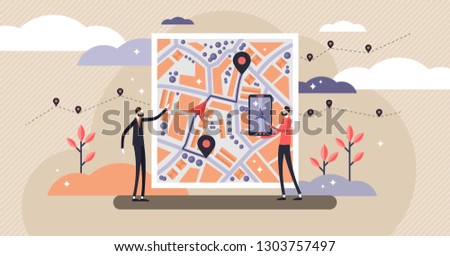 GPS navigation vector illustration. Flat tiny persons concept with map location. Satellite view city with marked direction from pin to destination. Technology maps and virtual wireless streets guide.