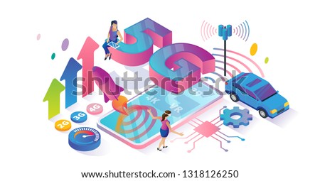 5G speed isometric cyberspace and tiny persons concept vector illustration. Smooth abstract internet generations velocity comparison and usage collection. VR, 4K video stream and 3D signal transfer.