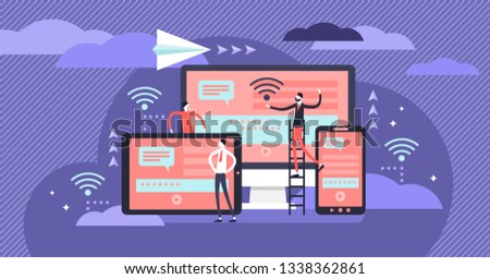 Cross platform vector illustration. Flat tiny IT applications persons concept. User common technology experience on multiple wireless devices. Operating program interface collaboration and connection.