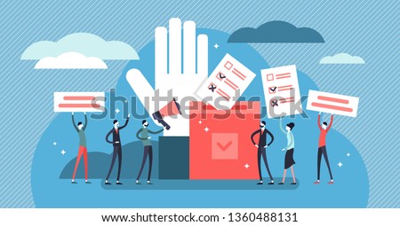 Flat tiny democracy vector illustration. Flat tiny ideology persons concept. Freedom of speech, justice voting and opinion. Symbolic referendum and poll choice event. Citizen crowd political election