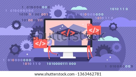 Open source vector illustration. Flat tiny programming language persons concept. Developer protocol platform interface with code information. Digital software script, text, signs and computer data.