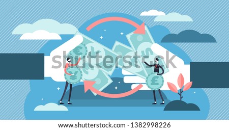 Money exchange vector illustration. Flat tiny financial currency persons concept. Economical process to trade euro, dollar, pound or yen. Abstract global different banknotes transaction trade cycle.