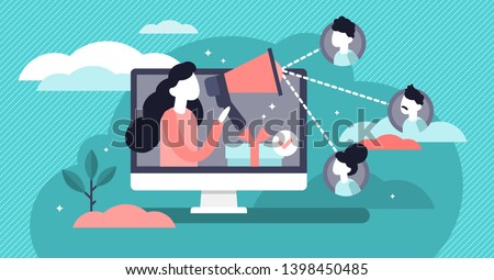 Referral vector illustration. Flat tiny products promotion persons concept. New customers word of mouth engagement method. Marketing consumer audience communication service for influencer advertising.