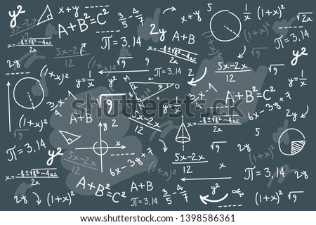 Math chalkboard vector illustration. Physics solving equation blackboard. Sketch with geometrical class problem solution or algebra formula. Higher mathematics Intelligence or complex calculation mess