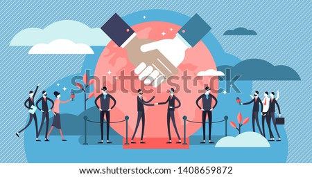 Diplomacy vector illustration. Flat tiny international politic friendship persons concept. Global meeting and conflict crisis peaceful discussion. Economical negotiation and cooperation support talk.