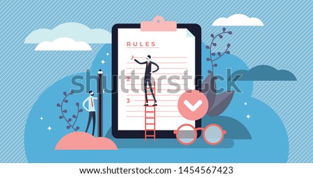 Rules vector illustration. Flat tiny regulations checklist persons concept. Restricted graphic writing with law information. Society control guidelines and strategy for company order and restrictions.