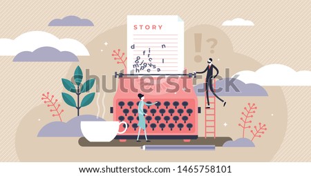 Story vector illustration. Flat tiny literature text author persons concept. Abstract fantasy book writing. Narrative scene development with typewriter. Literature type with creative idea imagination. Foto d'archivio © 