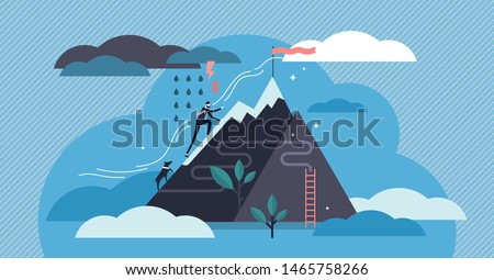 Perseverance vector illustration. Flat tiny motivational patience persons concept. Challenge to never give up for target, goal and growth. Abstract belief, effort and ambition character visualization. Imagine de stoc © 