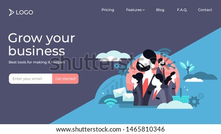 Sales force flat tiny persons vector illustration landing page template design. Customer relationship management. Marketing SFA and CRM sales work consulting strategy. Product promotion and trading.