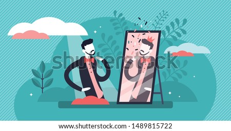 Narcissistic vector illustration. Flat tiny self love behavior person concept. Ego confidence and egocentric attitude visualization. Macho beauty importance lifestyle as psychological disorder symptom