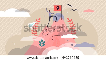 Pioneer vector illustration. Flat tiny first exploration persons concept. Abstract innovation path visualization. Adventurous business strategy for new field research. Discovery expedition celebration