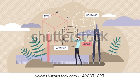 Geometry vector illustration. Flat tiny mathematics study persons concept. Shape, size and figures research with measurement instruments. Student knowledge learning with technical trigonometry axioms.