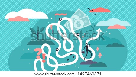 Life journey vector illustration. Flat tiny symbolic person destiny concept. Abstract lifetime choices and opportunity zigzags with unknown future creative visualization. Being freedom adventure map.