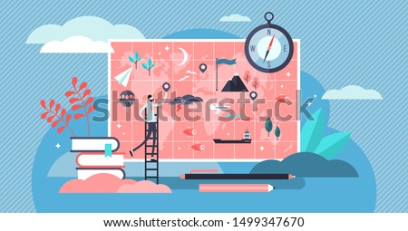 Geography vector illustration. Flat tiny atlas earth study persons concept. Abstract topography science and knowledge learning from teacher in school or university. Mapping and environment research.