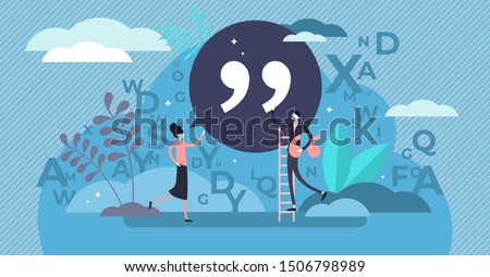 Quote vector illustration. Flat tiny punctuation quotation mark persons concept. Abstract inverted pair commas sign in writing system for direct speech or phrase. Symbolic citation text language item.