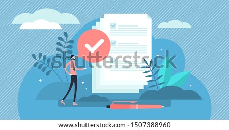 Task done vector illustration. Flat tiny check to do list persons concept. Symbolic positive and approved checklist or completed project validation form. Good and confirmed exam or survey results.