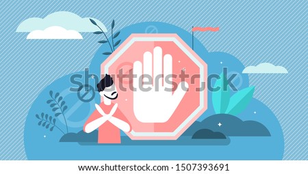 Stop sign vector illustration. Flat tiny prohibition no gesture person concept. Symbolic warning, danger or safety caution information. Forbidden entry or restricted area ban or blocked road alert.
