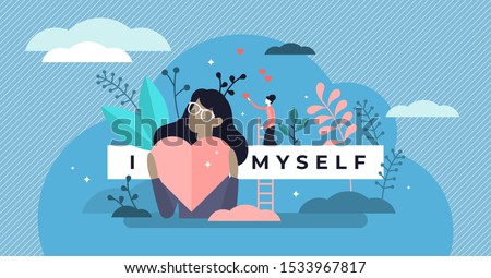 Self esteem vector illustration. Flat tiny personal confidence persons concept. Psychological mindset and life attitude as pride, appreciation and acceptance feeling. Mental and moral self respect.