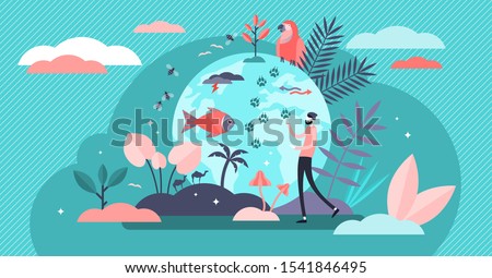 Biodiversity vector illustration. Flat tiny various wildlife persons concept. Mammals, birds, fishes and fauna life endangered conservation and retention. Earth climate awareness and habitat saving.