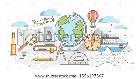 Geography outline concept vector illustration. Atlas earth study and environment research. Topography science and knowledge learning in school or university. Exploration and earth navigation lessons.