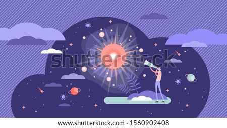 Big bang theory exploration flat tiny person concept vector illustration. Looking in telescope to the history of universe. Science facts and knowledge data. Cosmos research with human curiosity drive.
