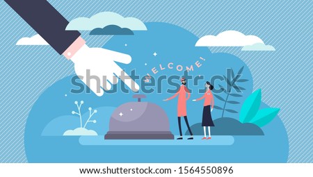 Hospitality concept flat tiny persons vector illustration. Large finger and hotel bell sign with reception stuff. Doorman and manager welcoming new client arrival on check in. Tourism industry work.