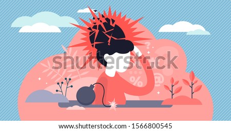 Psychological trauma concept, flat tiny person vector illustration. Mental breakdown and personal burnout. Woman head exploding under anxiety pressure, social demands and work life balance problems.