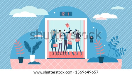 Elevator vector illustration. Flat tiny daily work path persons concept. Everyday staircase alternative option to get upstairs levels. Public employee inside building upsides transportation scene.