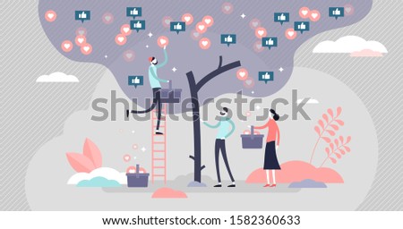 Like tree vector illustration. Social media symbols harvest process in flat tiny persons concept. Like, love and share icons growing in tree. Abstract online society hobby to collect digital thumbs up