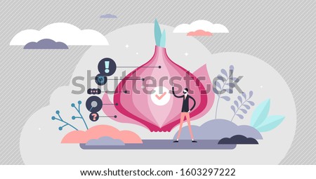 Peeling onion vector illustration. Problem solving in flat tiny persons concept. Find solution visualization with allegory and metaphor. Peel layers with symbols as difficulty development progress.