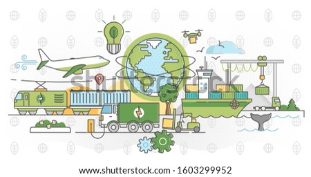 Green logistics vector illustration and ecological delivery outline concept. A sustainable strategy for global shipment or cargo shipping. Air, sea and land transportation with clean energy process.