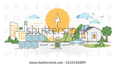 Solar power vector illustration. Alternative light energy outline concept. Renewable green electricity for car battery, industry 4.0 and street lamps. Roof panels for clean and sustainable solution.