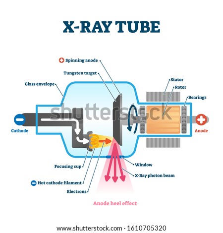 X ray tube vector illustration. Radiology scan equipment structural scheme. Healthcare method for transparent body, luggage or CT. Inside parts and process explanation with cathode and anode method.