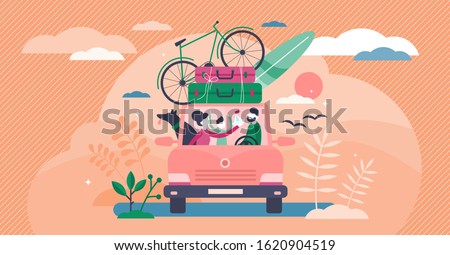 Family camping road trip concept, flat tiny persons vector illustration. Vacation weekend holiday journey in the sunset with mom, dad, son and loved dog. Loaded roof with luggage and leisure equipment