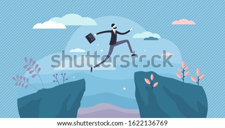 Next big business leap, businessman jumping over a cliff gorge. Flat tiny person vector illustration. Symbolic success move while taking risk. Entrepreneur challenges, motivation and personal growth.