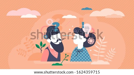 Reasoning abstract activity concept, flat tiny person couple planning and dealing with decision making process. Stylized vector illustration with creative question mark, light bulb and gear symbols.