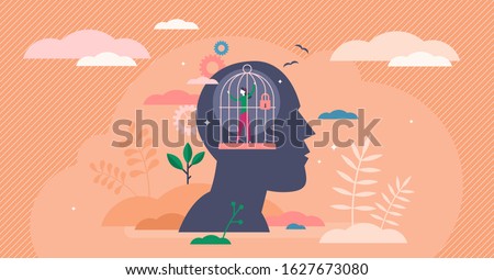 Mind prison psychological concept, flat tiny person vector illustration. Head silhouette with personal mental trap as closed cage. Personal growth issue and distorted world view. Stuck in comfort zone