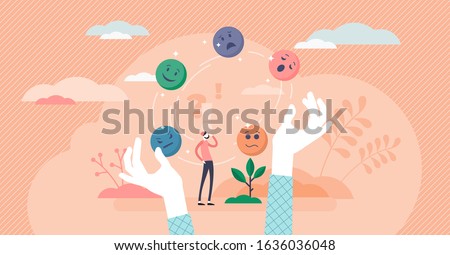 Juggling emotions, flat tiny persons vector illustration. Personal traits and self awareness emotional intelligence. Controlling impulses and mental activity reactions. Exploring inner personality.