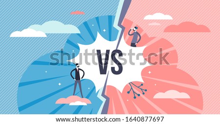 Versus split screen abstract concept, flat tiny persons vector illustration. Two competitors battle scene. Championship challenge and fight announcement. Competition between two persons or products.