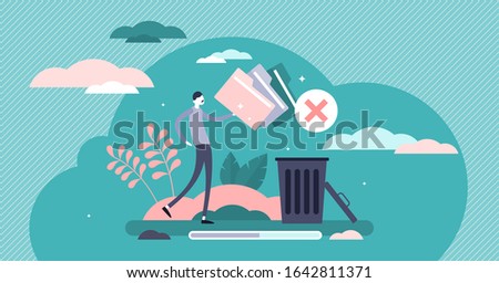 Delete concept, flat tiny person vector illustration. Move unnecessary files to the trash bin. Eliminating waste and cleaning storage app. Document, junk container and file document folder symbols.