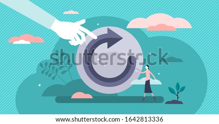 Refresh concept, flat tiny person vector illustration. Restart project with a new vision or rework the strategy. Renew life goals and direction. Reload new system updates abstract stylized symbol.