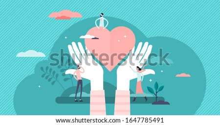 Love heart symbol with holding hands, flat tiny person vector illustration. Charity and volunteering activity concept. Social support and awareness campaign. Abstract hope and protection artwork.
