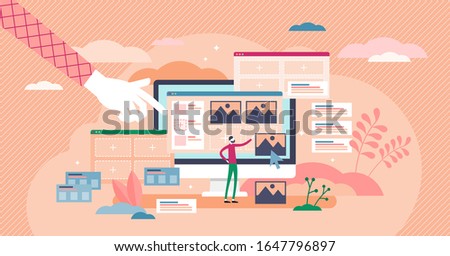 Website builder app concept, flat tiny person vector illustration. Drag and drop interface for internet page management and development. Abstract design work activity and web elements layout prototype
