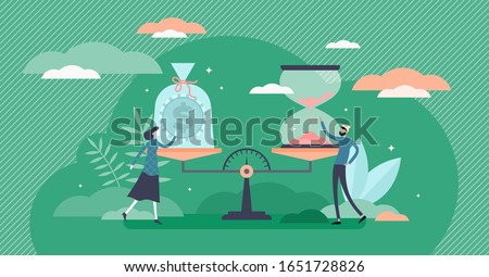 Time and money value concept, flat tiny person vector illustration. Evaluating time investment versus earnings. Cash growth and life balance decisions. Human world view values and finance management.