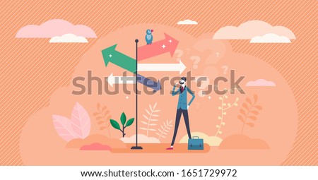 Decision crossroads concept, flat tiny businessman person vector illustration. Direction pointing road sign arrows. Choosing the way confusion. Figuring out the best opportunity path for the success.