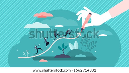 Chart line concept, flat tiny business people, vector illustration. Abstract company progress growth graph with corporate people following trend. Success data forecast and growing earnings strategy