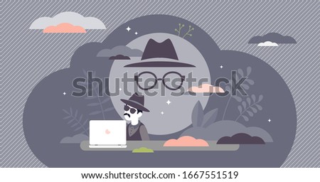 Incognito mode concept, flat tiny person vector illustration. Online privacy and personal data protection. Secure SSL connection web browsing. Confidential information and user identity safety risk.
