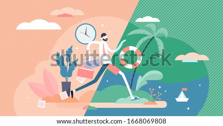 Going to vacation concept, flat tiny person vector illustration. Happy office worker taking time off and jumping from work to holiday beach relax mode. Tropical life on the beach under the palm tree.